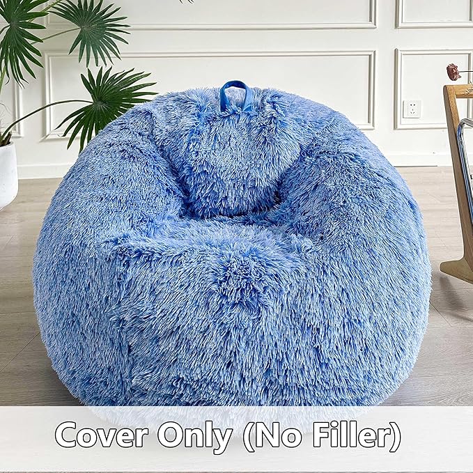 LIFEREVO Fluffy Faux Fur Bean Bag Chair Cover Blue (No Filler), Ultra-soft Stuffed Animal Storage Bean Bag Cover for Kids Adults, Premium Furry Bean Bag Cover for Plush Toys Memory Foam (Ombre Blue)