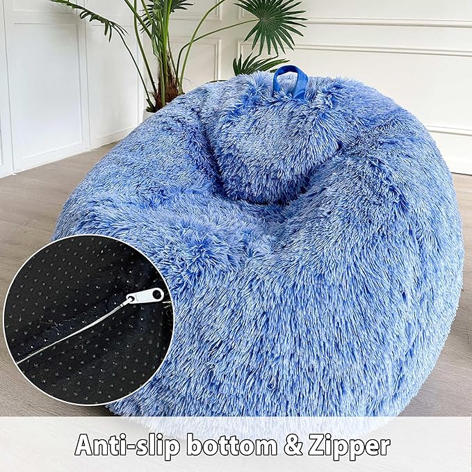 LIFEREVO Fluffy Faux Fur Bean Bag Chair Cover Blue (No Filler), Ultra-soft Stuffed Animal Storage Bean Bag Cover for Kids Adults, Premium Furry Bean Bag Cover for Plush Toys Memory Foam (Ombre Blue)