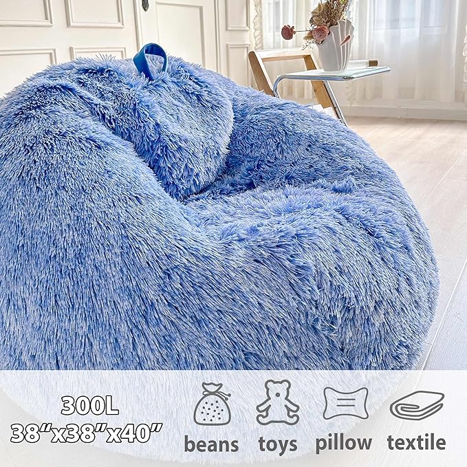 LIFEREVO Fluffy Faux Fur Bean Bag Chair Cover Blue (No Filler), Ultra-soft Stuffed Animal Storage Bean Bag Cover for Kids Adults, Premium Furry Bean Bag Cover for Plush Toys Memory Foam (Ombre Blue)