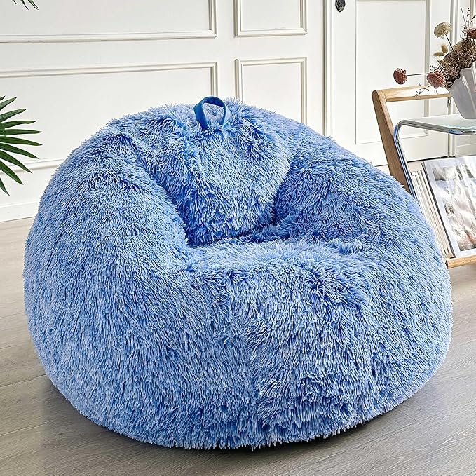 LIFEREVO Fluffy Faux Fur Bean Bag Chair Cover Blue (No Filler), Ultra-soft Stuffed Animal Storage Bean Bag Cover for Kids Adults, Premium Furry Bean Bag Cover for Plush Toys Memory Foam (Ombre Blue)