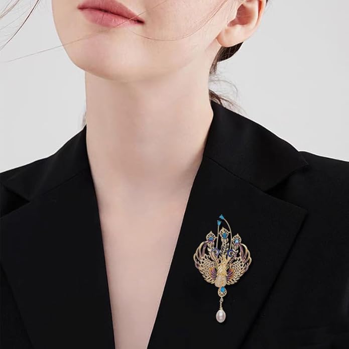 14K Gold Majestic Phoenix Brooch Embellished with Lustrous Pearls and Colorful Gemstones, Sophisticated Jewelry for Memorable Events, Must-Have Accessory for Elegant Women