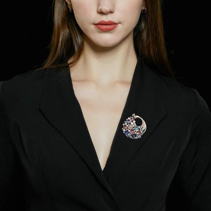 14K Gold Phoenix Tail Feather Brooch, Sparkling Moissanite Enamel Brooch - Beautiful Brooch Jewelry Gift