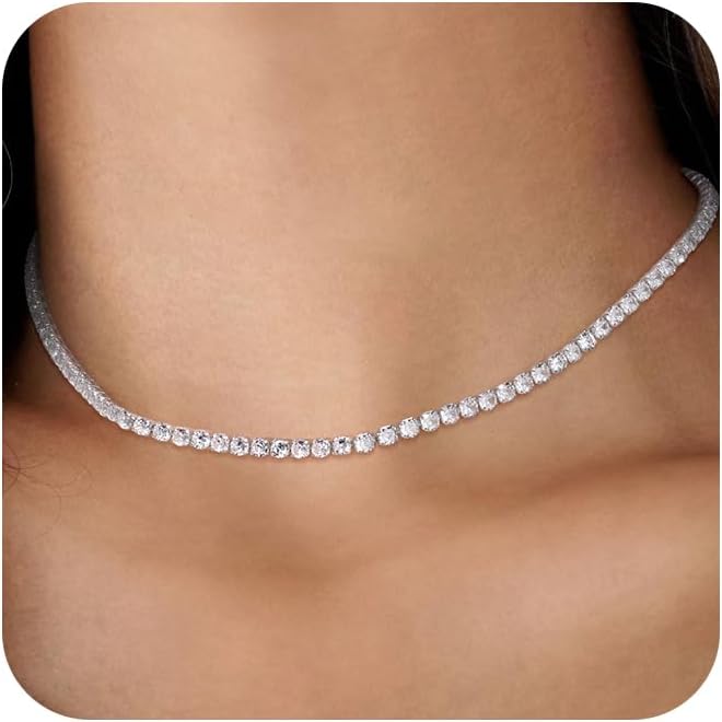 Tennis Necklace for Women, 14K Gold/Silver Plated Rhinestone Choker Necklace for Women, Dainty Cubic Zirconia Cut Faux Diamond Chain