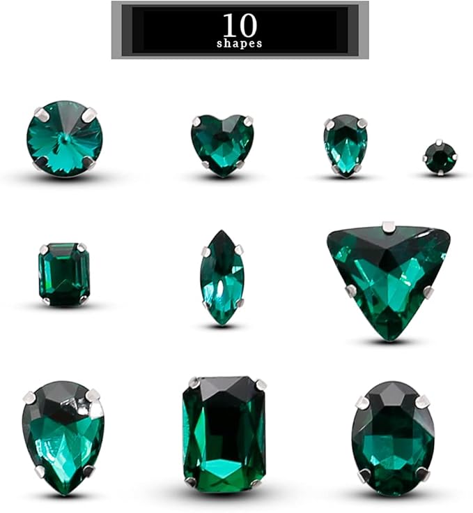 TANOSII Sew on Rhinestones 100 PCS Mixed Shapes Glass Rhinestones Sew on Crystal Gems Mental Flatback with Silver Claw for Jewelry Crafts Clothes Shoes Costume Garment Malachite Green