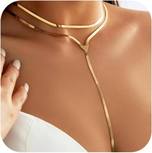 2Pcs Gold Long Snake Chain Y Drop Necklaces for Women Trendy Statement Layered Lariat Choker Necklace Y2K Formal Prom Party Jewelry Accessories Gift