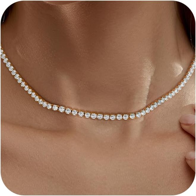 Tennis Necklace for Women, 14K Gold/Silver Plated Rhinestone Choker Necklace for Women, Dainty Cubic Zirconia Cut Faux Diamond Chain