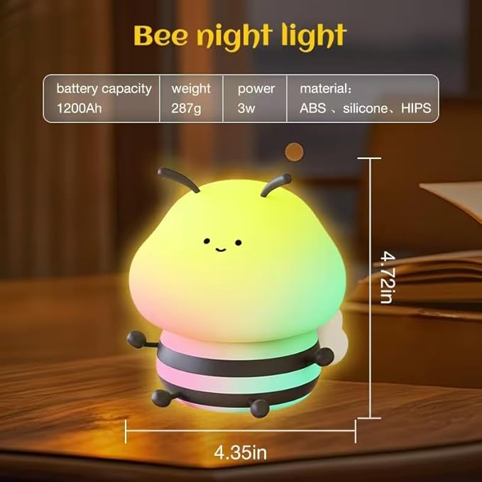 Bee Night Light for Kids,Cute Squishy Silicone Nursery Night Lamp Kawaii Animal Bedside Nightlight with 7 Colors 3 Levels Dimmable Tap Control Rechargeable Nightlights for Kids, Room Decor-CubbioBaby