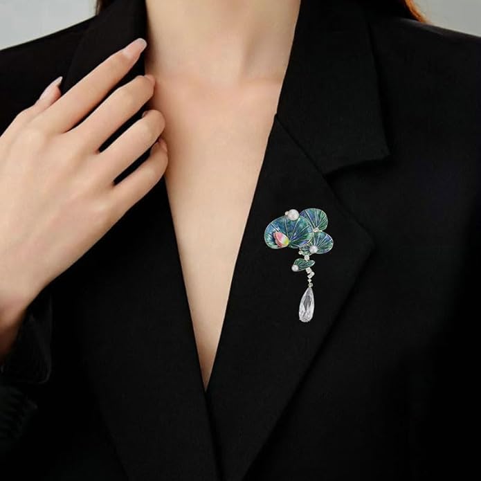 14K Gold Handmade Enamel Water Lily Brooch, Freshwater Pearl Pendant, Elegant Design for Cheongsam, Coats and Chinese Style Outfits