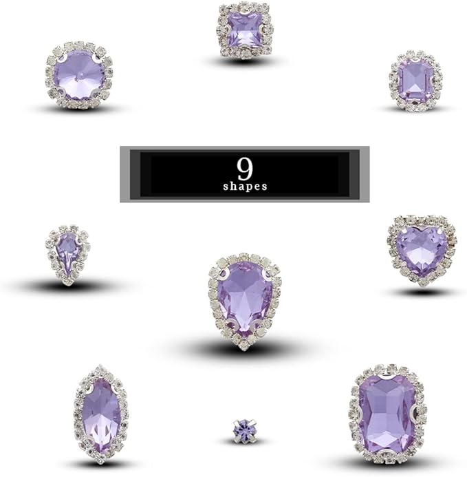 TANOSII Sew on Rhinestones 100 PCS Mixed Shapes Glass Rhinestones Sew on Crystal Gems Mental Flatback with Silver Claw for Jewelry Crafts Clothes Shoes Costume Garment Purple Type 1