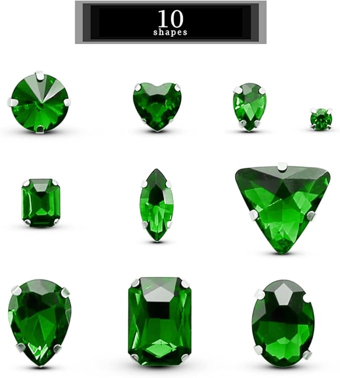 TANOSII Sew on Rhinestones 100 PCS Mixed Shapes Glass Rhinestones Sew on Crystal Gems Mental Flatback with Silver Claw for Jewelry Crafts Clothes Shoes Costume Garment Grass Green