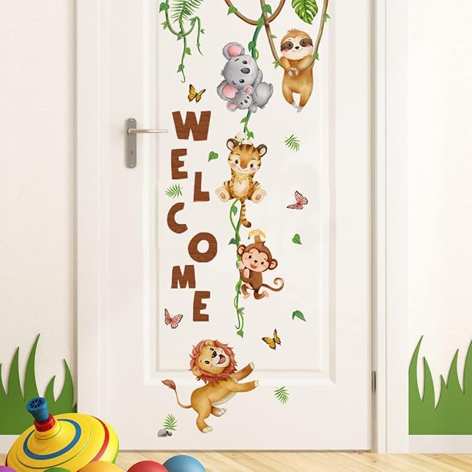 clothmile Watercolor Jungle Animal Wall Decals Welcome Animal Wall Sticker Lion Monkey Koala Wall Decals for Kids Baby Nursery Playroom Bedroom Classroom Kindergarten Wall Decor-CubbioBaby