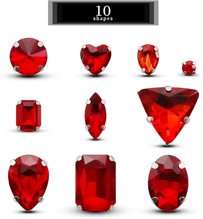TANOSII Sew on Rhinestones 100 PCS Mixed Shapes Glass Rhinestones Sew on Crystal Gems Mental Flatback with Silver Claw for Jewelry Crafts Clothes Shoes Costume Garment Red