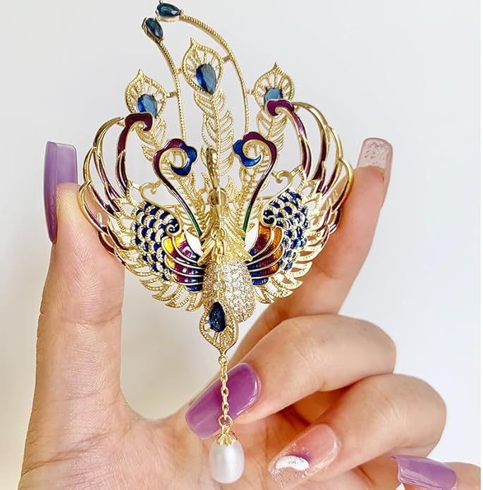 14K Gold Majestic Phoenix Brooch Embellished with Lustrous Pearls and Colorful Gemstones, Sophisticated Jewelry for Memorable Events, Must-Have Accessory for Elegant Women