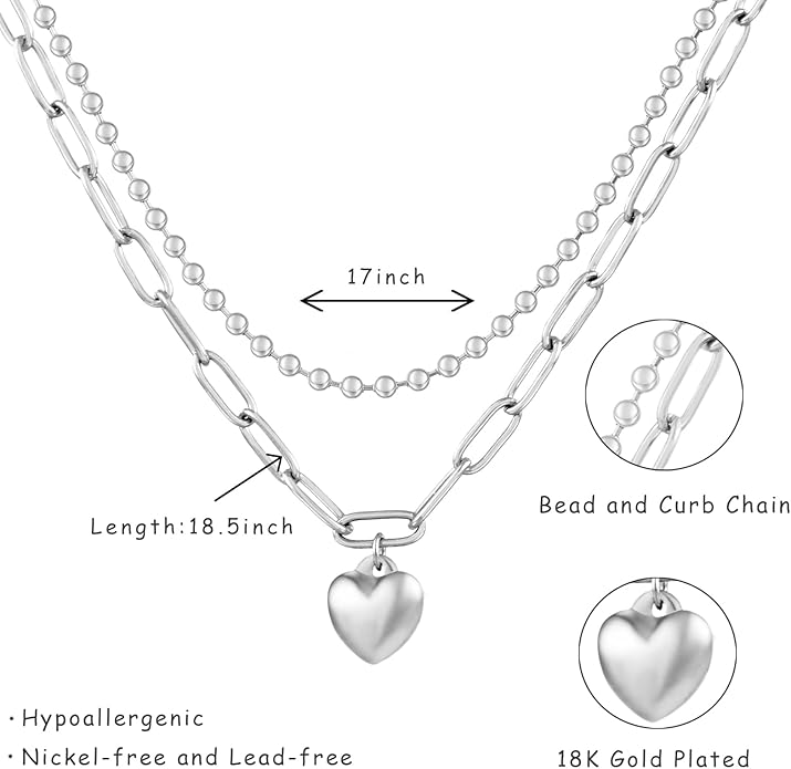 Heart Necklace for Women, 18K Gold Plated Heart Pendant Layered Necklaces Jewelry Gifts Gold Silver