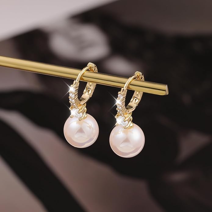 Pearl Earrings for Women 14K Gold Plated Hypoallergenic Pearl Earrings 5A Cubic Zirconia Dangle Earrings Elegant Jewelry