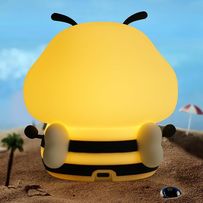 Bee Night Light for Kids,Cute Squishy Silicone Nursery Night Lamp Kawaii Animal Bedside Nightlight with 7 Colors 3 Levels Dimmable Tap Control Rechargeable Nightlights for Kids, Room Decor-CubbioBaby