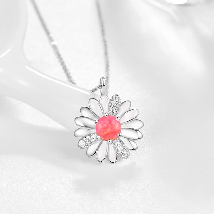 KINGWHYTE Daisy Necklace Gifts for Women 925 Sterling Silver Opal Daisy Pendant Spring Flower Necklace Jewelry Graduation Birthday Celebrate Congratulation Gift
