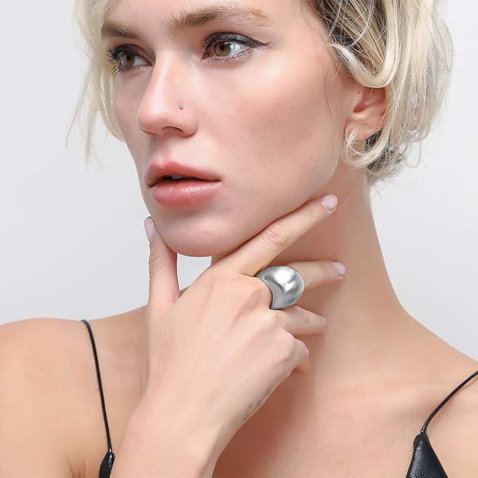 Gold and Silver Rings for Women, Chunky Signet Statement Rings Gold Plated Band Ring Wide Metal Square Rings Cocktail Costume Jewelry