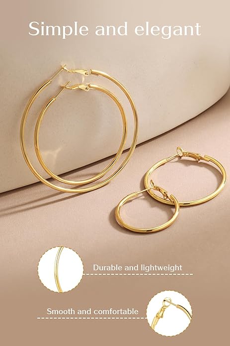 4/6 Pairs Gold Silver Hoop Earrings for Women 14K Gold Plated Hypoallergenic 2mm Thin Hoops Stainless Steel Lightweight Dangle Set 30/40/50/60mm