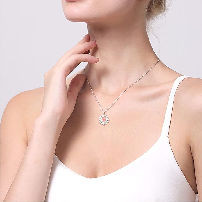 KINGWHYTE Daisy Necklace Gifts for Women 925 Sterling Silver Opal Daisy Pendant Spring Flower Necklace Jewelry Graduation Birthday Celebrate Congratulation Gift