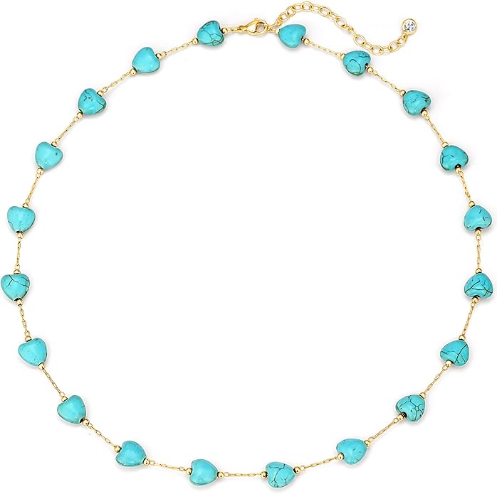 Created Turquoise Necklace for Women 14K Gold Plated Beaded Heart Choker Boho Necklaces Handmade Beach Summer Everyday Western Jewelry Gifts