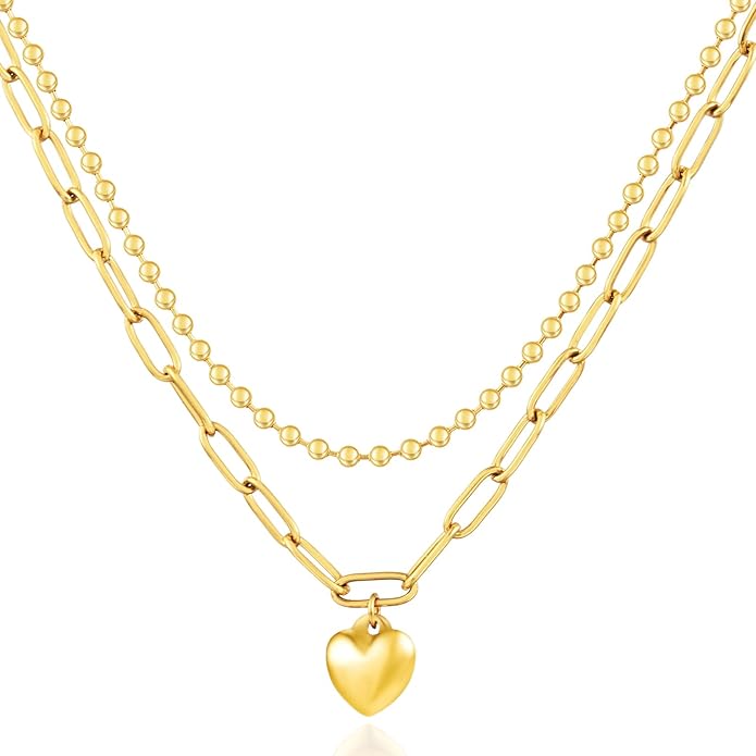 Heart Necklace for Women, 18K Gold Plated Heart Pendant Layered Necklaces Jewelry Gifts Gold Silver