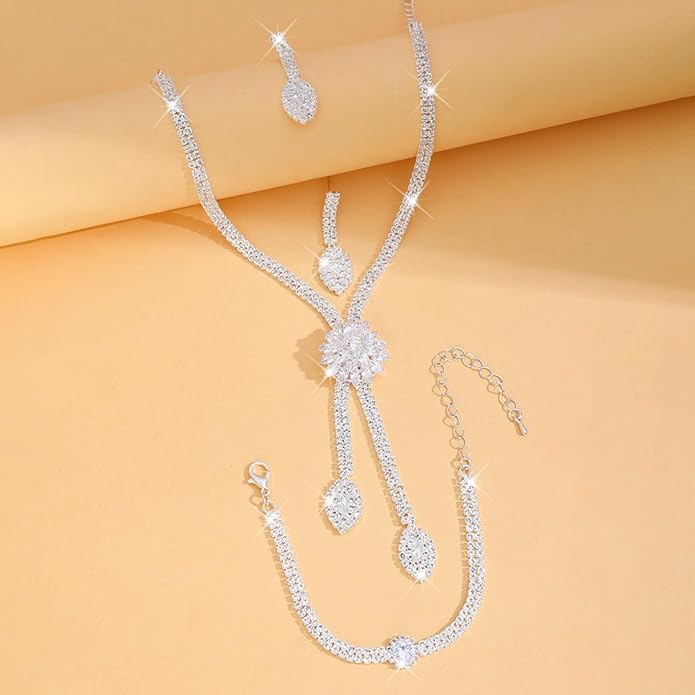 Rhinestone Earrings Necklace Bracelet Set for Women,Vintage Flower Crystal Earrings Necklaces Sparkly Bridal Necklace Bracelet Set Wedding Party Jewelry