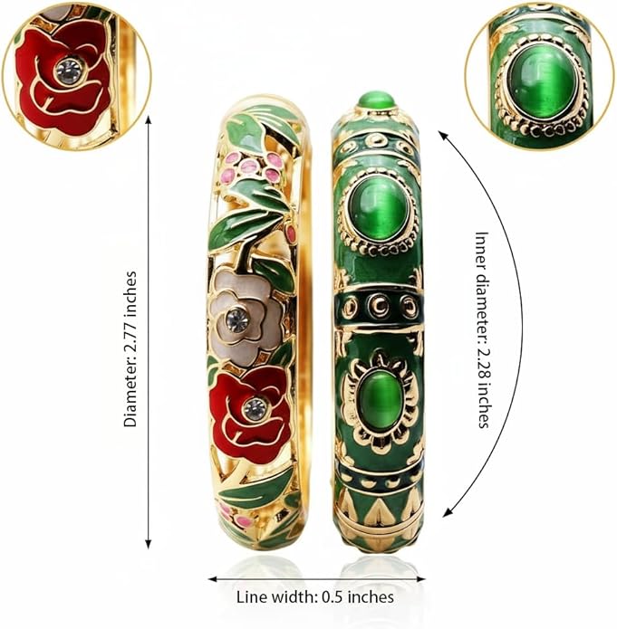 Vintage jewelry bangle Green Enameled Bracelet with Gemstone Floral Gold Plated Bangle Jewelry Gifts for Mom BFF Daughter