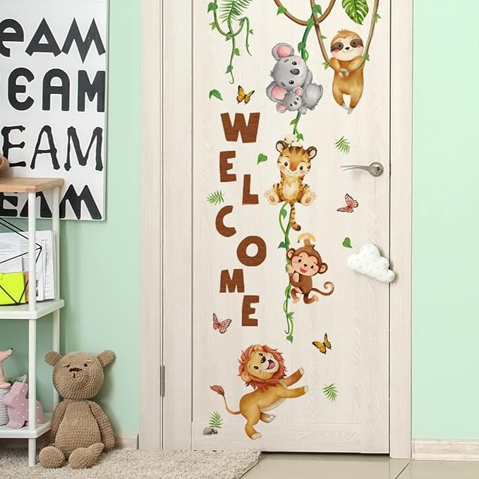 clothmile Watercolor Jungle Animal Wall Decals Welcome Animal Wall Sticker Lion Monkey Koala Wall Decals for Kids Baby Nursery Playroom Bedroom Classroom Kindergarten Wall Decor-CubbioBaby