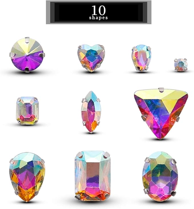 TANOSII Sew on Rhinestones 100 PCS Mixed Shapes Glass Rhinestones Sew on Crystal Gems Mental Flatback with Silver Claw for Jewelry Crafts Clothes Shoes Costume Garment AB White