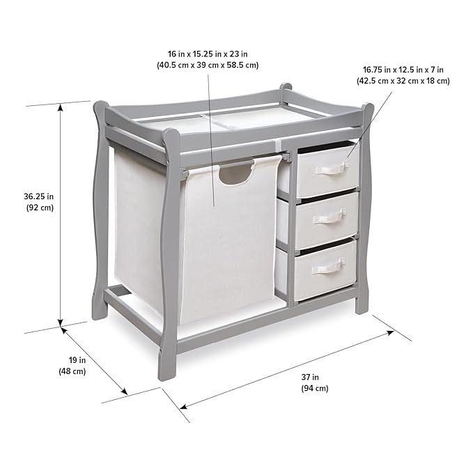Badger Basket Sleigh-Style Baby Changing Table - Diaper Changing Station with 3 Storage Baskets - Nursery Organizer with Hamper, Changing Pad, Safety Rails - Gray-CubbioBaby