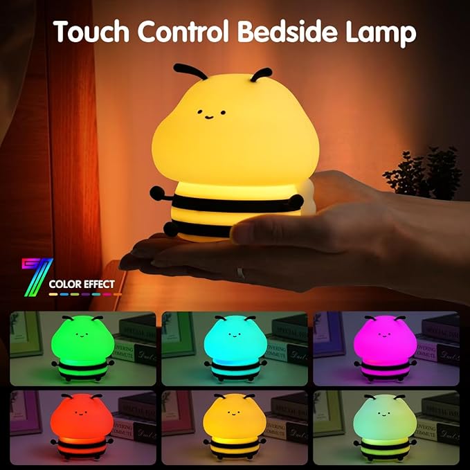 Bee Night Light for Kids,Cute Squishy Silicone Nursery Night Lamp Kawaii Animal Bedside Nightlight with 7 Colors 3 Levels Dimmable Tap Control Rechargeable Nightlights for Kids, Room Decor-CubbioBaby