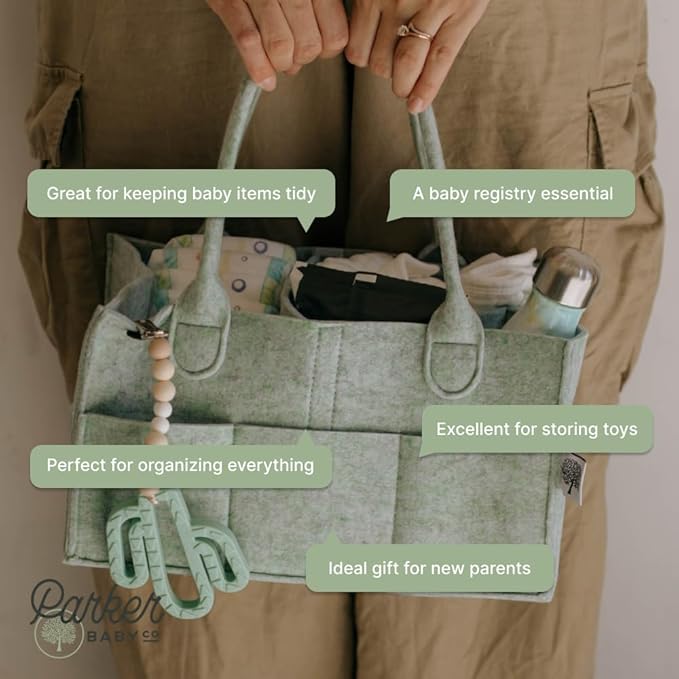 Parker Baby Diaper Caddy - Nursery Storage Bin and Car Organizer for Diapers and Baby Wipes - Sage Green, Large-CubbioBaby