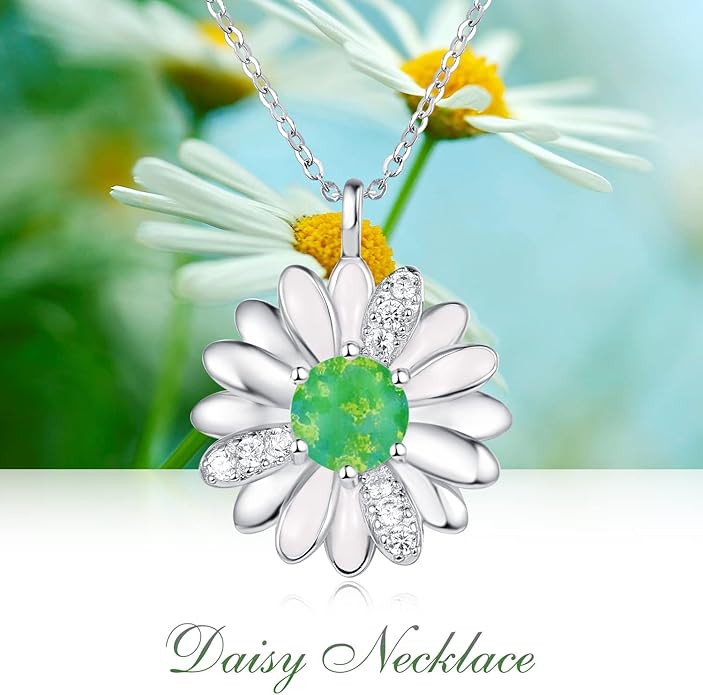 KINGWHYTE Daisy Necklace Gifts for Women 925 Sterling Silver Opal Daisy Pendant Spring Flower Necklace Jewelry Graduation Birthday Celebrate Congratulation Gift