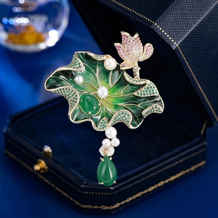 14K Gold Handmade Enamel Water Lily Brooch, Freshwater Pearl Pendant, Elegant Design for Cheongsam, Coats and Chinese Style Outfits
