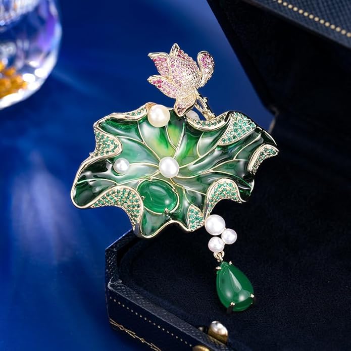 14K Gold Handmade Enamel Water Lily Brooch, Freshwater Pearl Pendant, Elegant Design for Cheongsam, Coats and Chinese Style Outfits