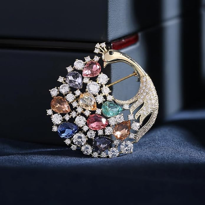 14K Gold Phoenix Tail Feather Brooch, Sparkling Moissanite Enamel Brooch - Beautiful Brooch Jewelry Gift