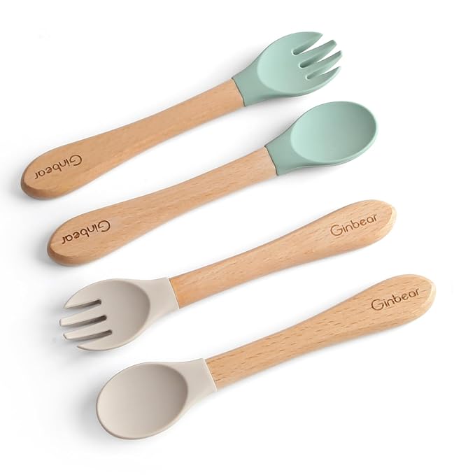 Ginbear Silicone Baby Spoons and Forks Self-feeding 12-18 Months, Soft-Tip Baby Flatware Sets, Toddler Feeding Utensils for Child, 4 Piece Set (Hazy Green/Almond)-CubbioBaby