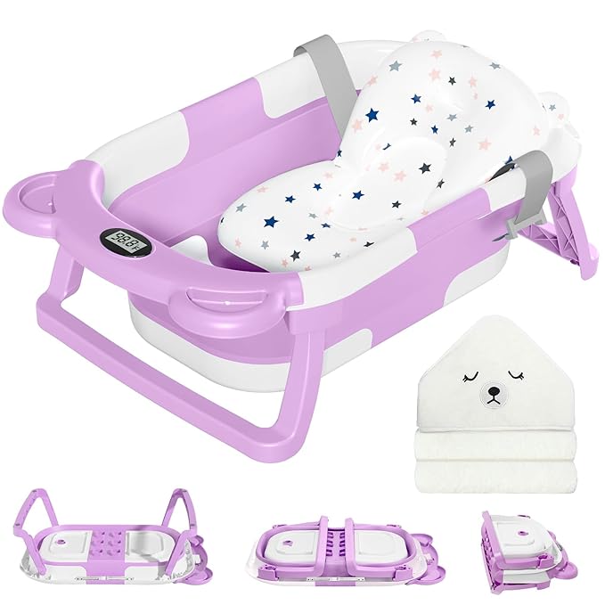 MoreFeel Collapsible Baby Bathtub for Newborn with Thermometer & 1 Hooded Towel & 1 Soft Floating Cushion,Portable Travel Bathtub with Drain Hole, Durable Foldable Baby Tubs for Infants to Toddler-CubbioBaby