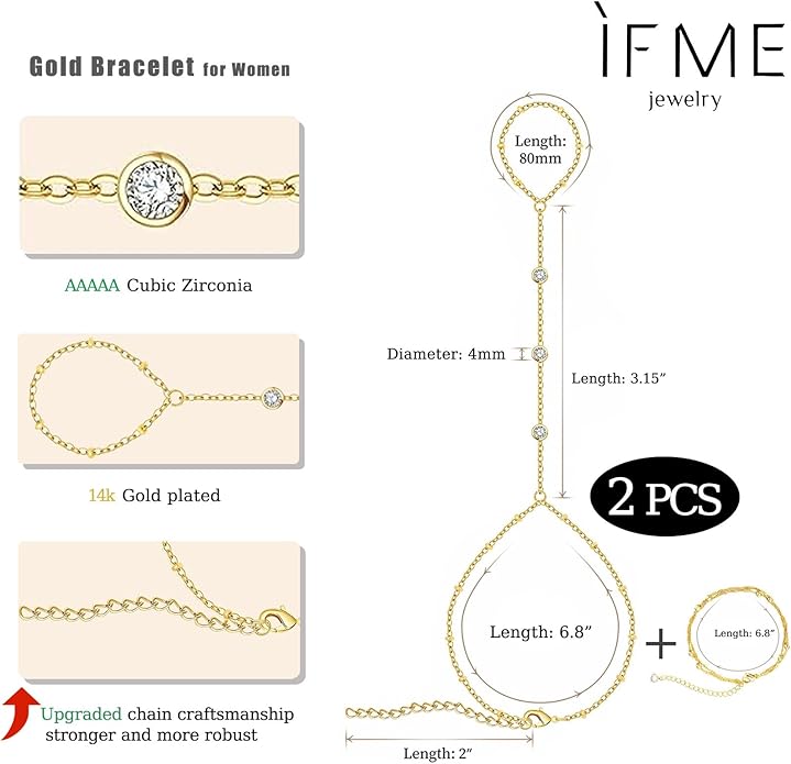 ÌF ME Hand Chain Bracelet Set 14K Gold Plated Durable Gold Bracelets for Women Adjustable Finger Bracelet Hand Jewelry with Extender Perfect for Everyday Wear Ring Bracelet Hand