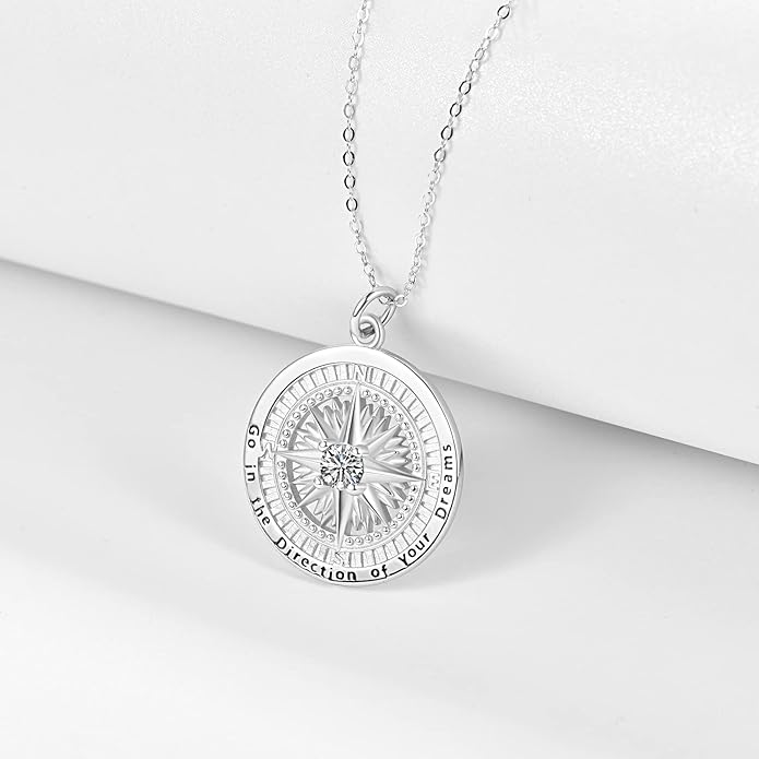 KINGWHYTE Graduation Gifts Birthstone Necklace for Women 925 Sterling Silver Compass Pendant Go in the Direction of your Dream Travel Jewelry Birthday Gift for Her