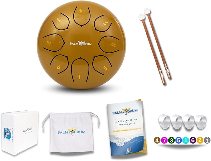 The Balmy Drum - 8 Note 6 Inch Steel Tongue Drum, Steel Drum Instrument, Drums For Children and Adults, Balmy Drum Set for Kids with Music Book, Handpan, Mallet and Carry Bag (Gold)-CubbioBaby