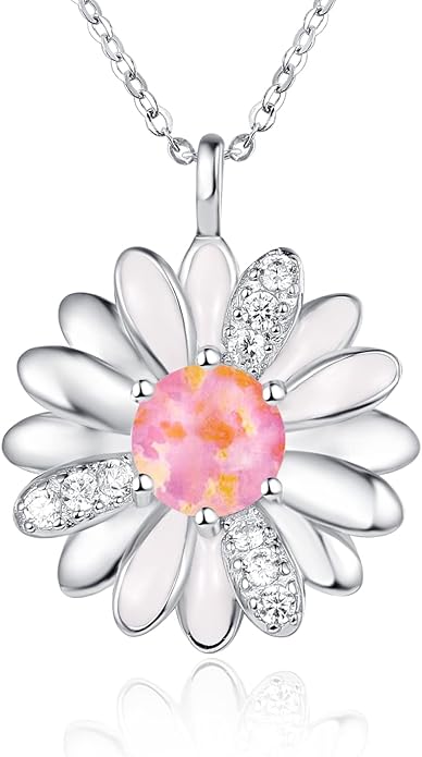 KINGWHYTE Daisy Necklace Gifts for Women 925 Sterling Silver Opal Daisy Pendant Spring Flower Necklace Jewelry Graduation Birthday Celebrate Congratulation Gift