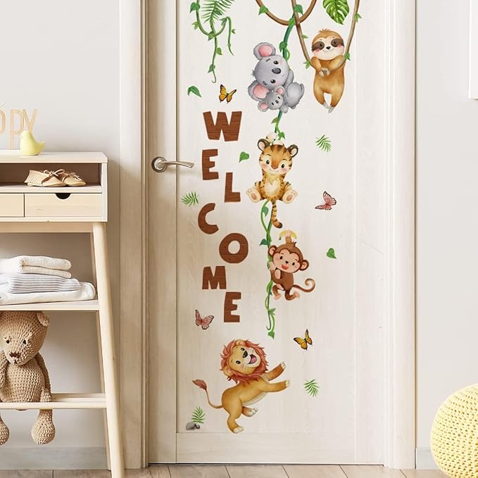 clothmile Watercolor Jungle Animal Wall Decals Welcome Animal Wall Sticker Lion Monkey Koala Wall Decals for Kids Baby Nursery Playroom Bedroom Classroom Kindergarten Wall Decor-CubbioBaby