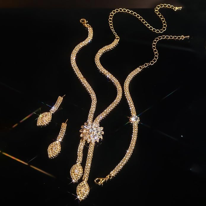 Rhinestone Earrings Necklace Bracelet Set for Women,Vintage Flower Crystal Earrings Necklaces Sparkly Bridal Necklace Bracelet Set Wedding Party Jewelry
