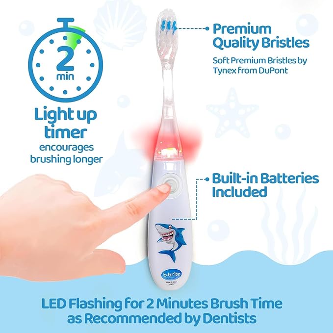 Lily's Home Kids Flashing Timer Toothbrush Kids with Soft Bristles, Rising Cup & Cover - Fun 2-Min Light-Up Brushing for Children - Toddler Toothbrush Soft Toothbrush Kit -(Shark)- Set of 2