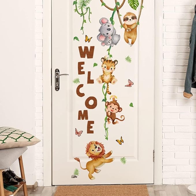 clothmile Watercolor Jungle Animal Wall Decals Welcome Animal Wall Sticker Lion Monkey Koala Wall Decals for Kids Baby Nursery Playroom Bedroom Classroom Kindergarten Wall Decor-CubbioBaby