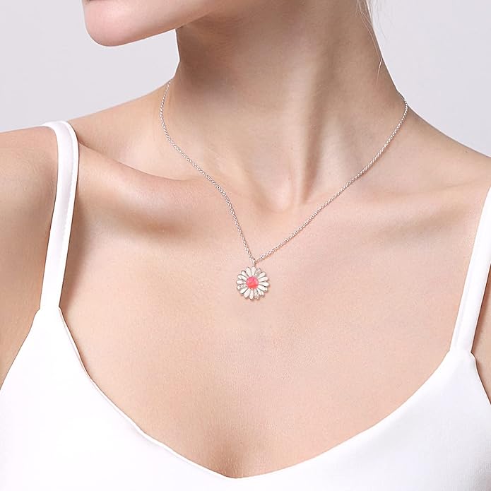 KINGWHYTE Daisy Necklace Gifts for Women 925 Sterling Silver Opal Daisy Pendant Spring Flower Necklace Jewelry Graduation Birthday Celebrate Congratulation Gift