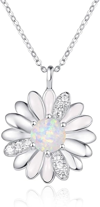 KINGWHYTE Daisy Necklace Gifts for Women 925 Sterling Silver Opal Daisy Pendant Spring Flower Necklace Jewelry Graduation Birthday Celebrate Congratulation Gift