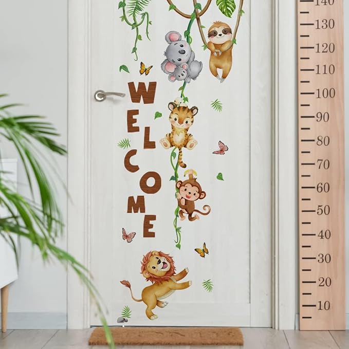 clothmile Watercolor Jungle Animal Wall Decals Welcome Animal Wall Sticker Lion Monkey Koala Wall Decals for Kids Baby Nursery Playroom Bedroom Classroom Kindergarten Wall Decor-CubbioBaby